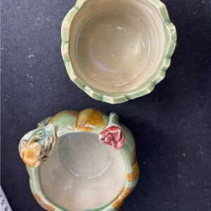Set of 2 Green Ceramic majolica style with Frog and Flower Trinket Box